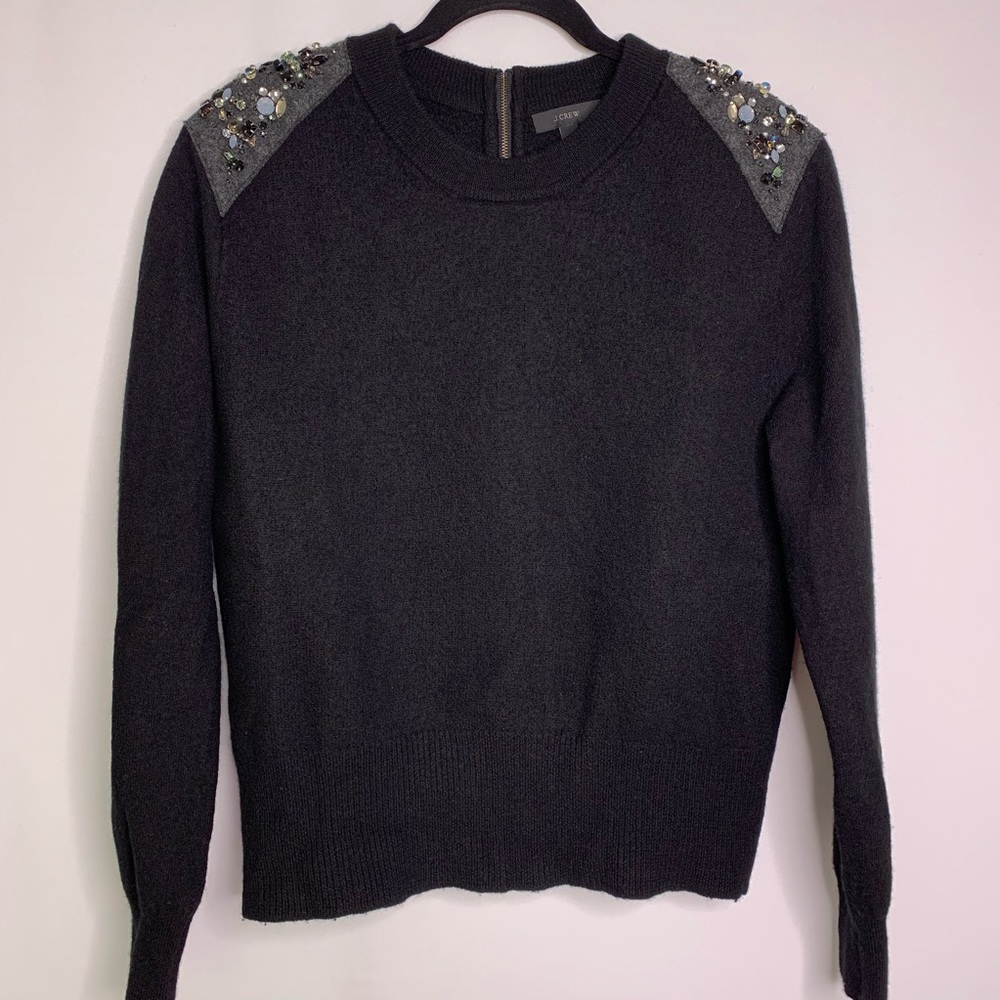 J Crew Black Sweater with Jeweled Grey Shoulder L